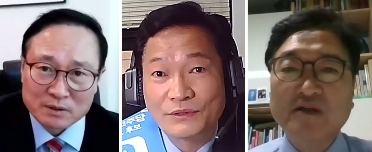 더불어민주당 홍영표, 송영길, 우원식 당대표 후보(왼쪽부터, 기호순)가 25일 더불어민주당 민주당 세계한인민주회의 당대표 및 최고위원 후보자 초청 온라인 연설회에서 연설하고 있다. [연합]