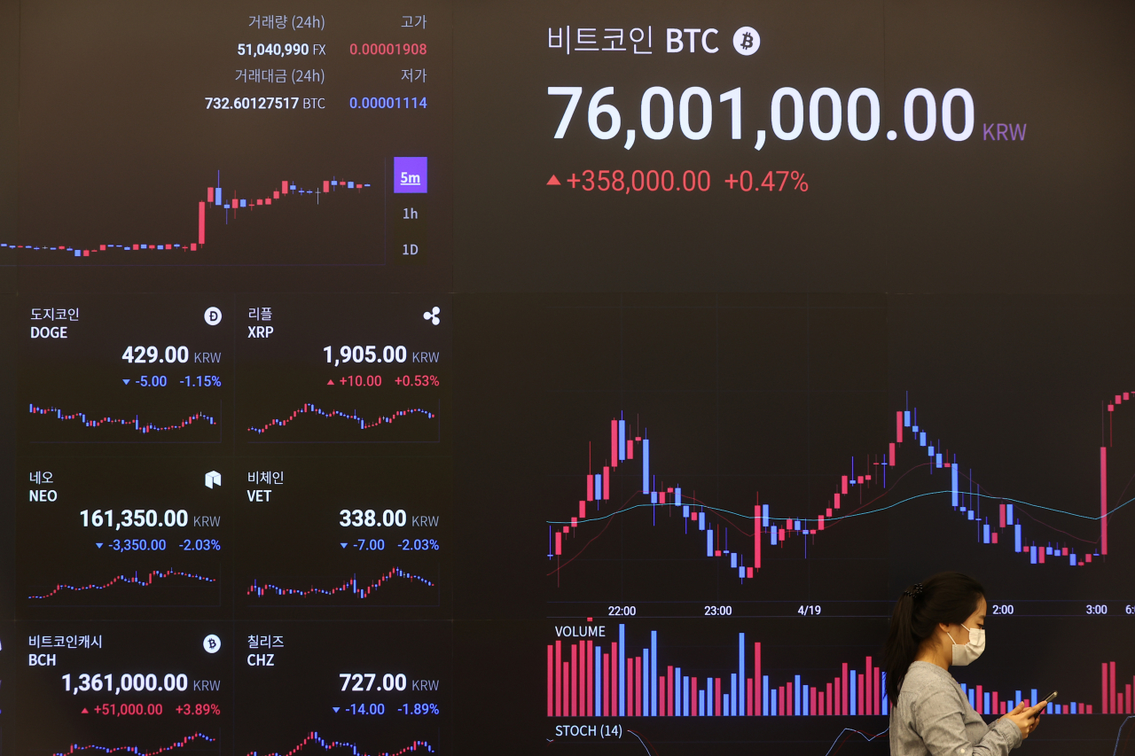 지난19일 강남구 업비트 라운지 전광판에 뜬 비트코인과 도지코인 등 실시간 거래가격. [연합]