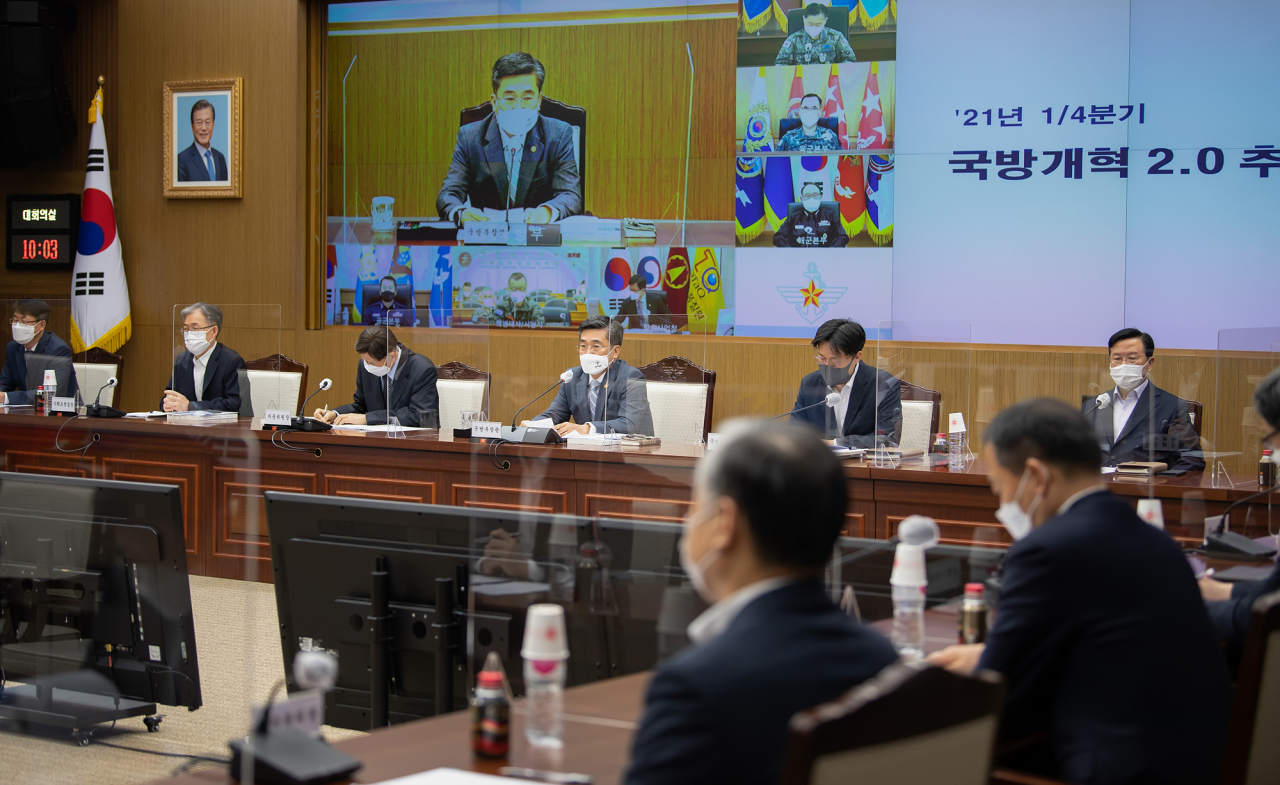 북한 선전매체 메아리는 27일 ‘국방개혁 2.0’에 대해 ‘북침준비 2.0’이라고 비난했다. 서욱 국방부 장관이 지난 15일 2021년도 1분기 국방개혁2.0 추진점검회의를 주재하고 있다. [헤럴드DB]