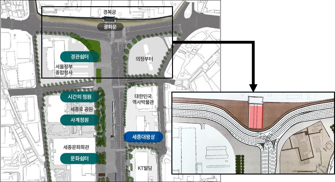 월대 복원시 달라지는 도로 구조. 기존안(좌)과 달라지는 돌출형 수정안(우). 붉은색 부분이 월대. 김유진 기자/kacew@heraldcorp.com [원본=서울시 제공].