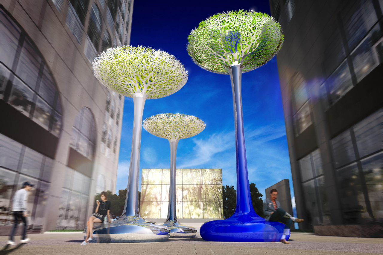 권치규, 이수목(Circlation) 2,320 x 800 x 5,000 (H)mm, 1ea, 800 x 800 x 2,000(H) mm, 2ea, stainless steel, Urethane Paint, 2020 [사진제공=청작아트]