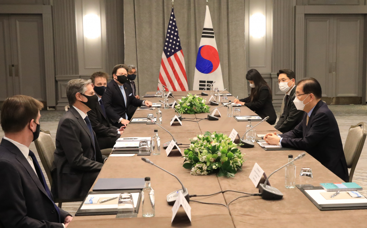 정의용 외교부 장관은 3일 영국 런던에서 토니 블링컨 미 국무장관을 만나 한미 외교장관 회담을 개최했다. [외교부 제공]