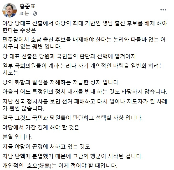 홍준표 무소속 의원 페이스북 일부 캡처.