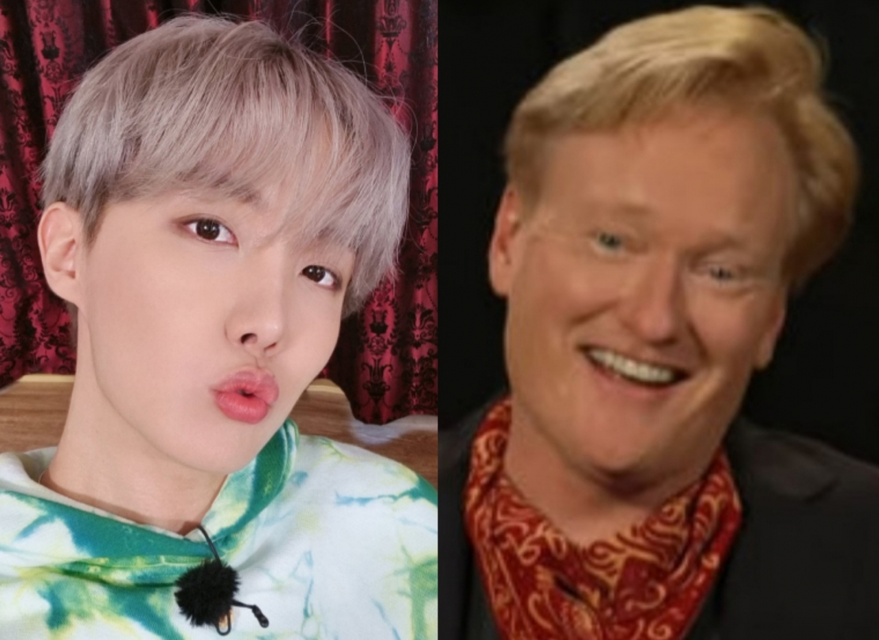 방탄소년단 제이홉이 코난 오브라이언 이름을 '커튼'으로 잘못 말한 후 커튼이 있는 실내를 배경으로 코난에 키스를 보내며 사과하는 모습(왼쪽), 코난 오브라이언이 한 방송에서 제이홉이 자신의 이름을 잘못 말했다고 말하고 있는 장면. [트위터·온라인 갈무리].