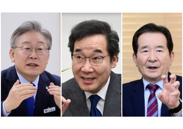 Gyeonggi Gov. Lee Jae-myung, former Democratic Party leader Lee Nak-yon and former Prime Minister Chung Sye-kyun (The Herald Business/Lee Sang-seob)