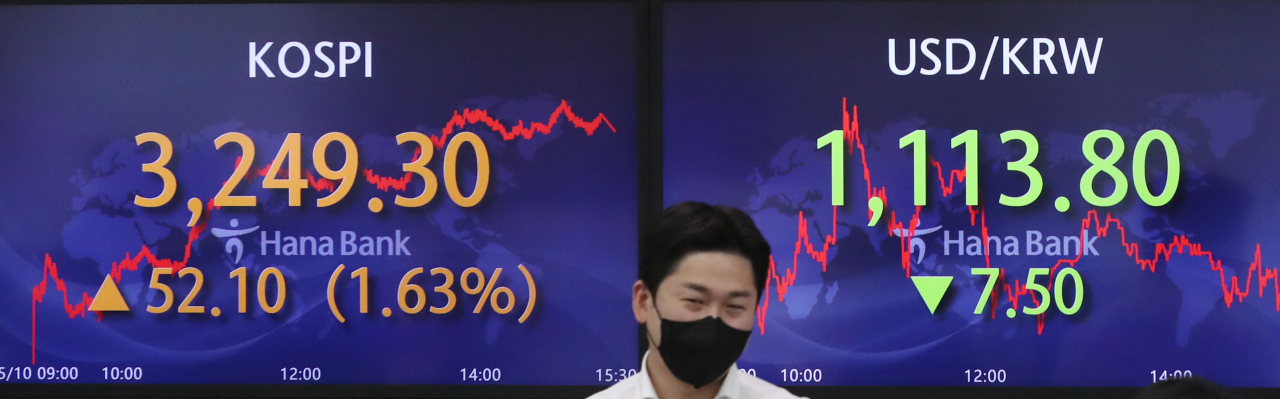 코스피가 종가 기준으로 사상 최고치를 기록한 10일 오후 서울 중구 하나은행 본점 딜링룸에서 딜러들이 업무를 보고 있다. [연합]