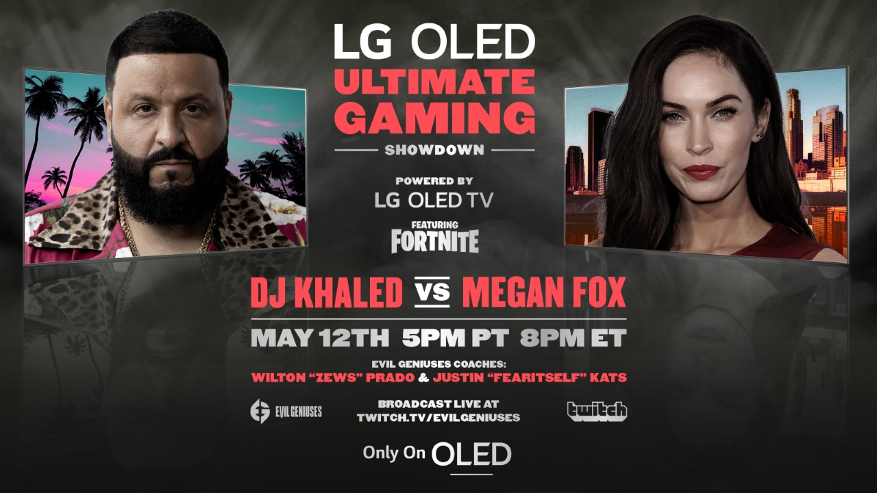 12일(현지시간) LG FOMO 채널에서 독점 공개되는 음악 프로듀서 DJ 칼리드(DJ Khaled)와 영화배우 메간 폭스(Megan Fox)의 게임 대결 예고 이미지 [LG전자 제공]