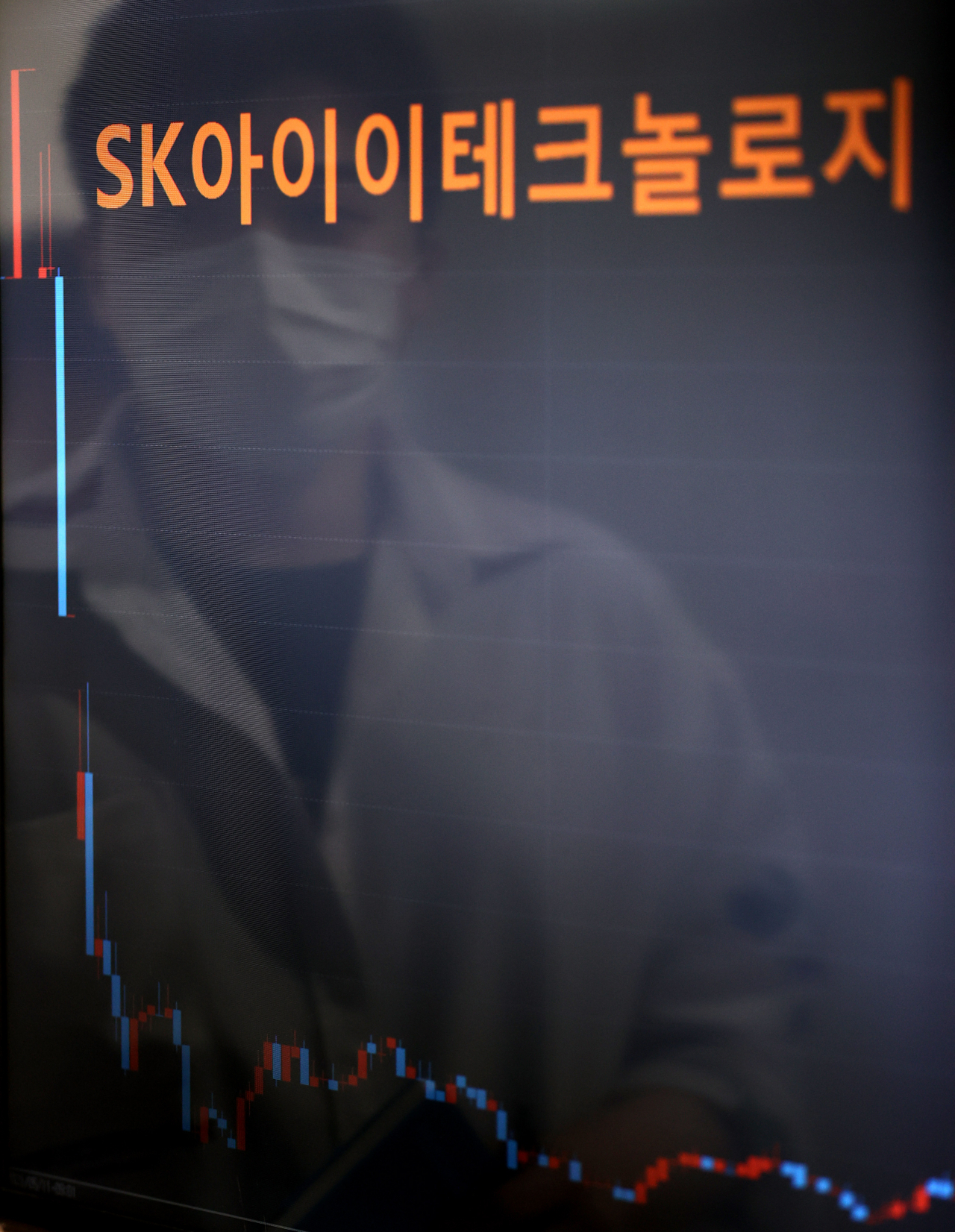 SK아이이테크놀로지(SKIET)가 유가증권시장에 상장한 11일 오전 서울 종로구 연합인포맥스에 설치된 화면에 SKIET 시간대별 주가 그래프가 표시되어 있다. 21만원에 거래된 SKIET 시초가는 상장 직후 소폭 상승했으나 이후 장중 약 20% 이상 하락하고 있다. 연합뉴스
