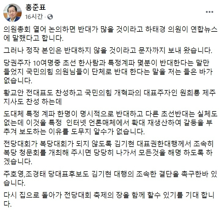 홍준표 무소속 의원 페이스북 일부 캡처.