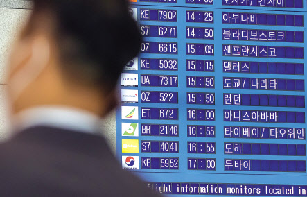 인천국제공항 1터미널 입국장에 입국 정보가 표시돼 있는 모습. [연합]