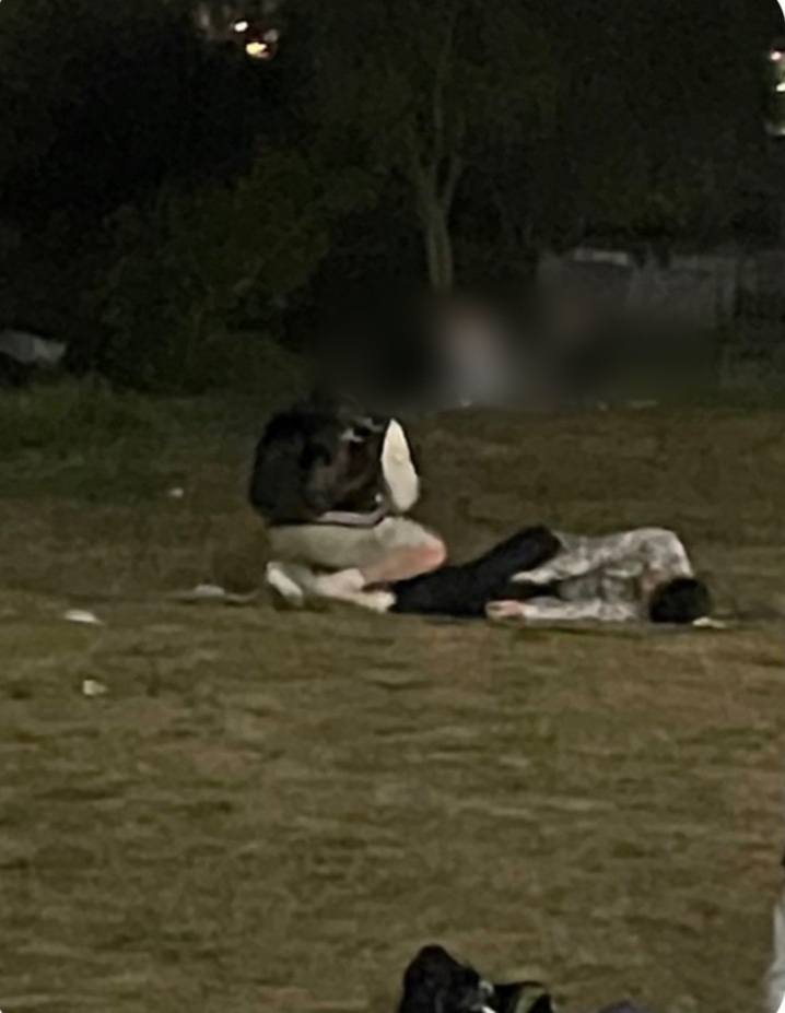 지난 4월 25일 손정민 씨 실종 관련, 목격자가 정민씨 아버지에게 제공한 사진. 목격자는 “지난 4월 25일 오전 2시18분께 정민씨가 누워 있고 친구 A씨는 쭈그려 앉아 있다”고 정민씨 아버지에게 밝혔다.[손정민씨 아버지 손현 씨 제공]