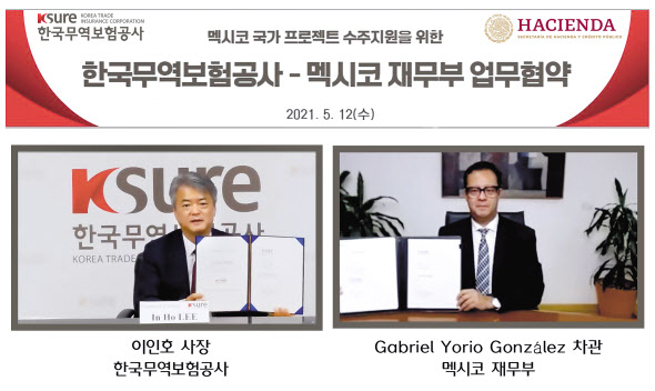 이인호(왼쪽) 한국무역보험공사 사장이 12일 멕시코 재무부와 국내 기업의 수출 확대 및 해외사업 참여 활성화를 위한 업무협약을 체결한 후 기념촬영하고 있다. [한국무역보험공사 제공]