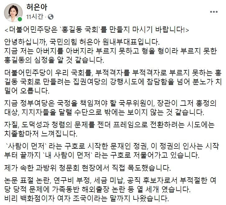 허은아 국민의힘 의원 페이스북 일부 캡처.