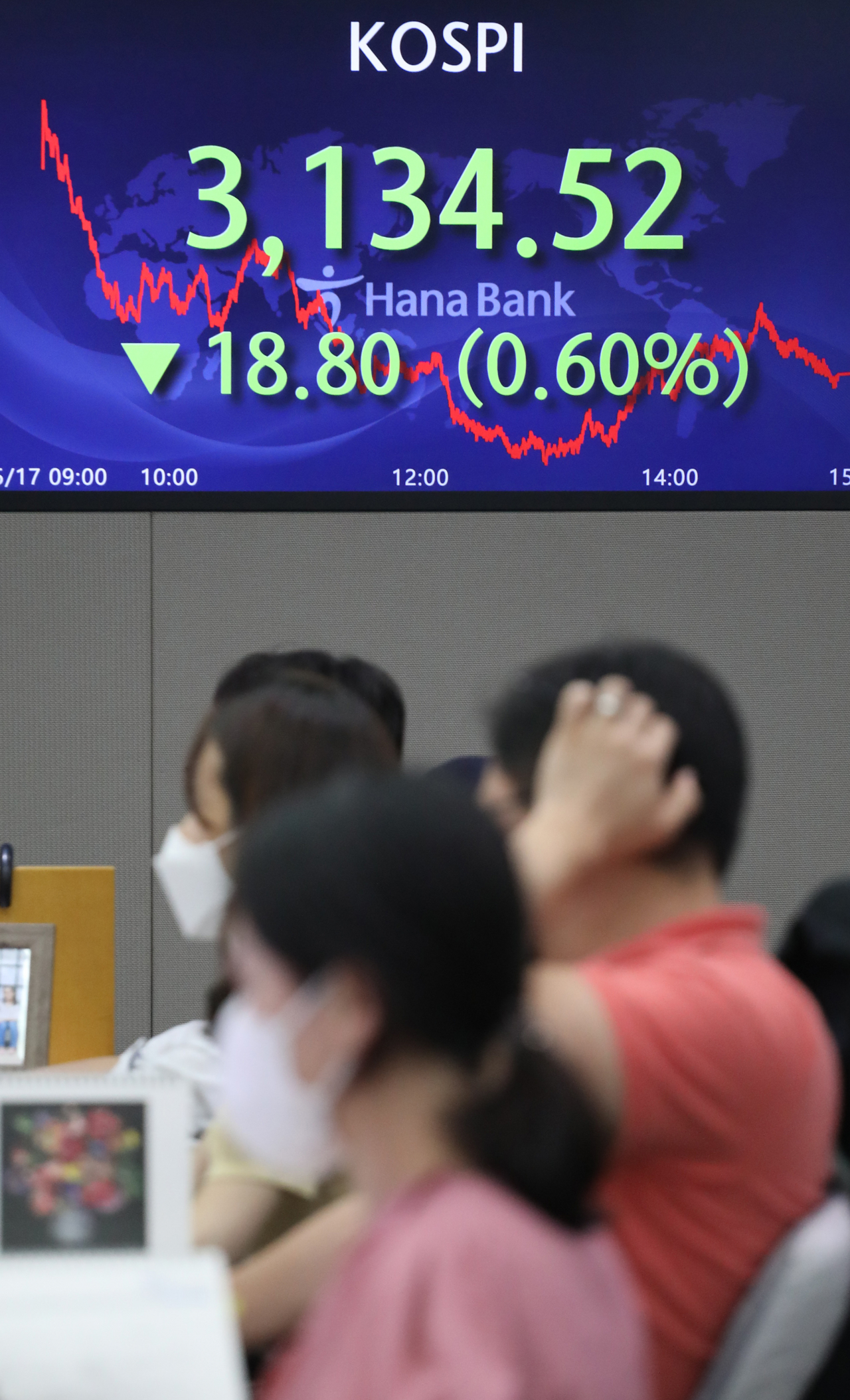 17일 코스피는 전 거래일보다 18.80포인트(0.60%) 내린 3134.52에 거래를 마쳤다. 코스닥은 4.22포인트(0.44%) 내린 962.50, 원/달러 환율은 6.2원 오른 1134.8원으로 마감했다. [연합]