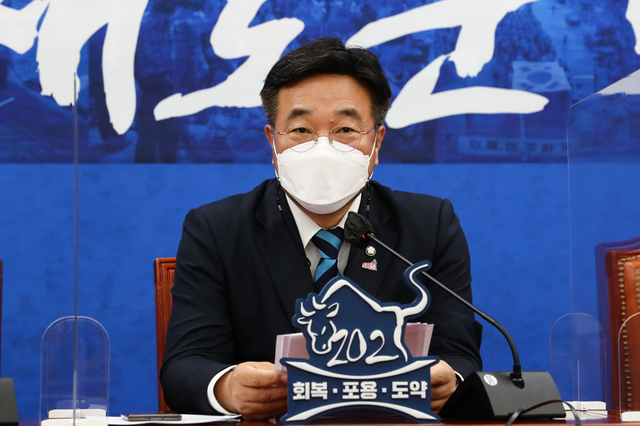 더불어민주당 윤호중 원내대표가 18일 오전 국회에서 원내대책회의를 주재하고 있다. [사진=이상섭 기자/babtong@heraldcorp.com]