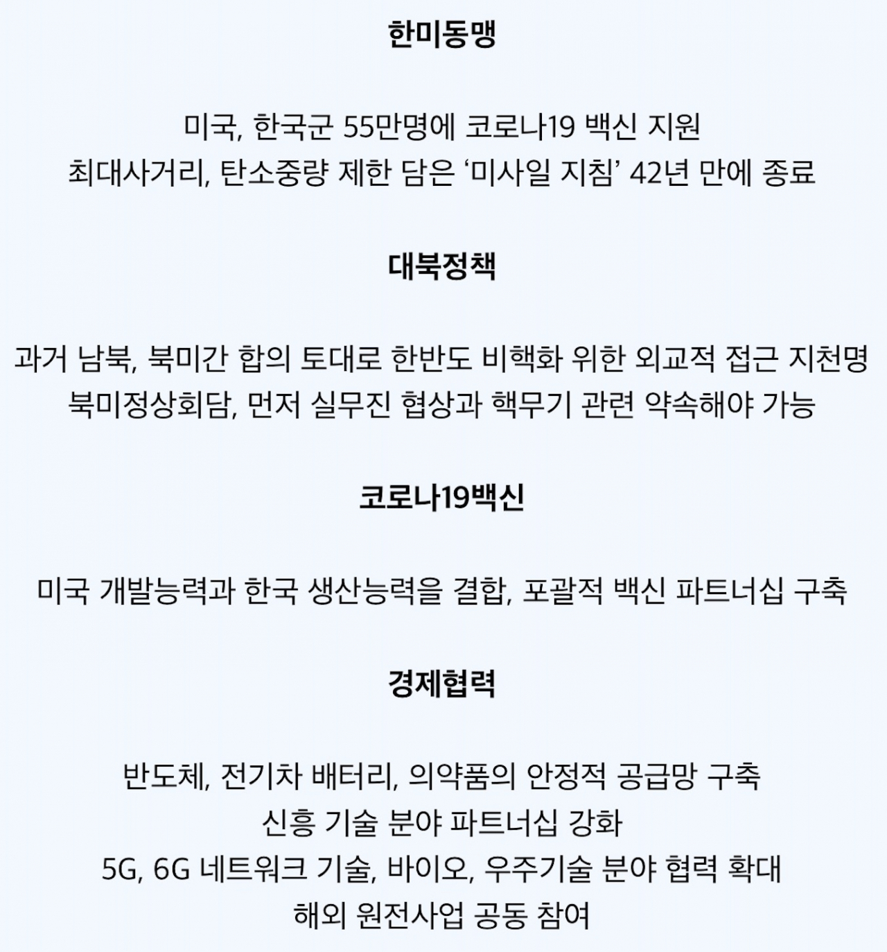 문재인 대통령과 조 바이든 대통령의 첫 정상회담 발표내용 요약