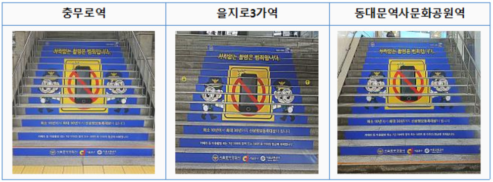 서울 중부경찰서가 불법 촬영 범죄가 가장 많이 발생하는 ‘핫스팟’으로 지정한 동대문역사문화공원역·충무로역·을지로3가역 환승 구간 계단에 설치하는 예방광고. [서울 중부경찰서 제공]