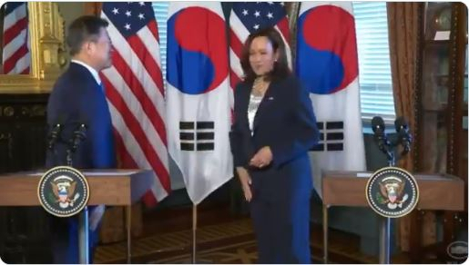 지난 21일(현지시간) 워싱턴DC에서 문재인(왼쪽) 대통령과 만난 카멀라 해리스 미국 부통령이 악수를 한 뒤 손을 옷에 대는 모습. [폭스뉴스]