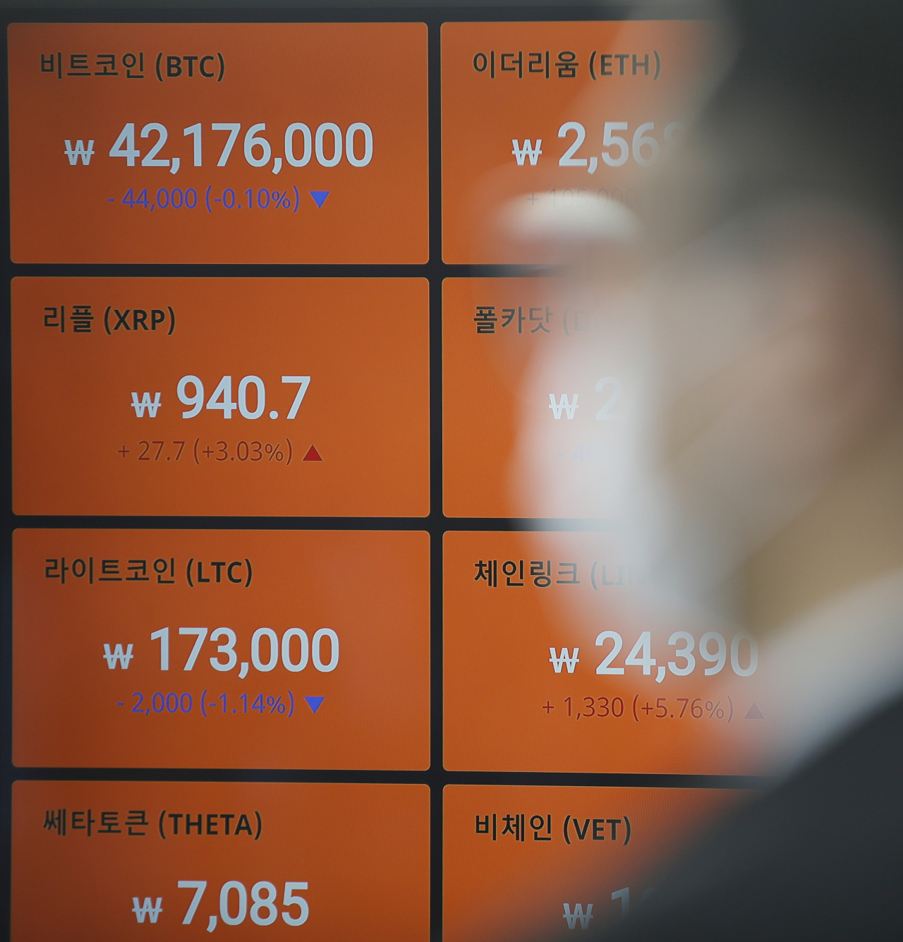 24일 오전 서울 강남구 빗썸 강남센터 모니터에 비트코인 시세가 표시되고 있다. [연합]
