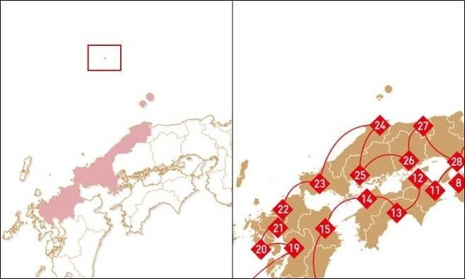 도쿄올림픽 홈페이지에 작은 점으로 독도를 일본 땅으로 표시한 지도. [서경덕 교수 제공]