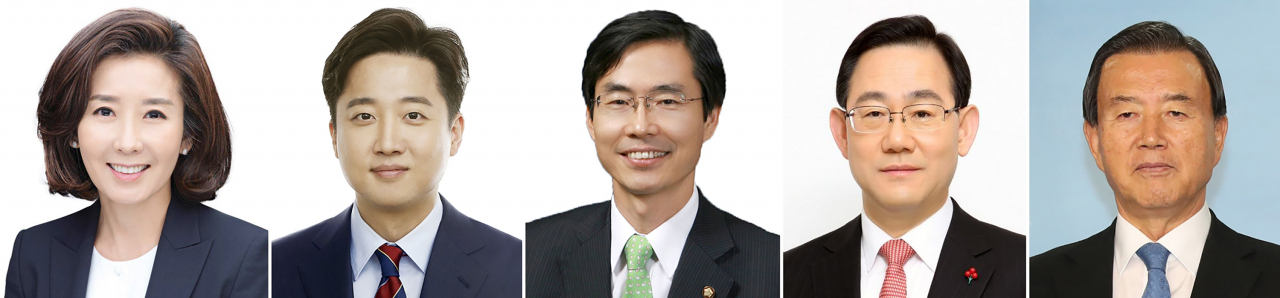 나경원(왼쪽부터) 전 의원, 이준석 전 최고위원, 조경태, 주호영, 홍문표 의원이 당대표 선거 예비경선을 통과해 본선에 진출했다고 국민의힘이 28일 발표했다. [연합]
