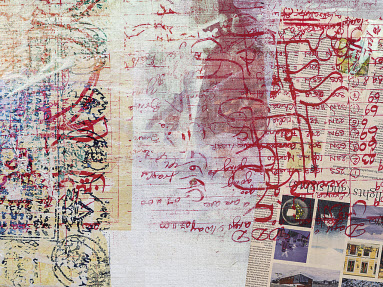 Mandy El-Sayegh, transliterated cut script, 2021 (detail), oil and mixed media on silkscreened linen, 146 x 156 cm, Photo by Damian Griffiths. [리만머핀 서울 제공]