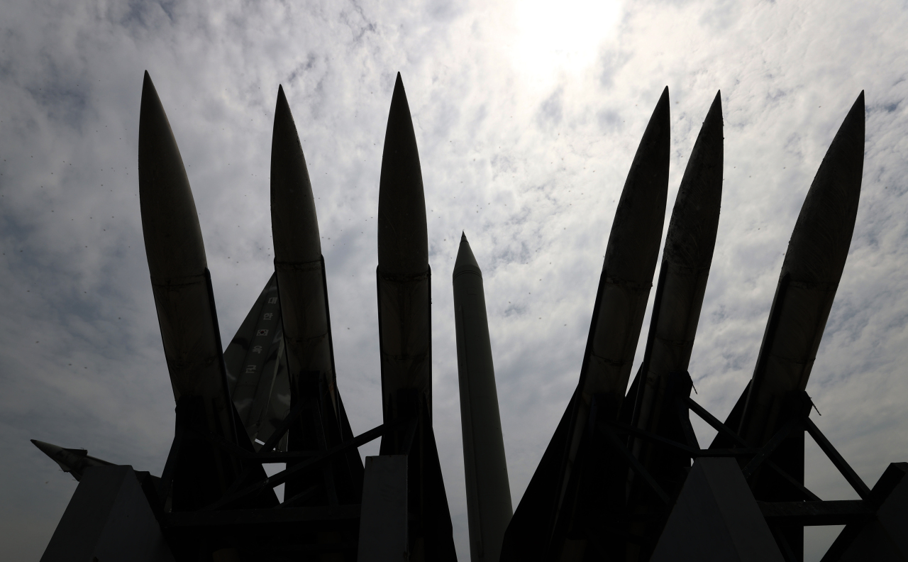 South Korean missiles are on display at the Korean War Memorial in Seoul. (Yonhap)