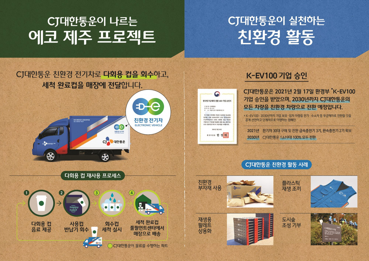다회용 컵을 순환하기 위한 CJ대한통운의 풀필먼트 역할 및 친환경 활동 이미지.