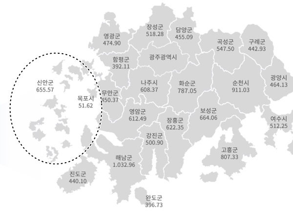 전라남도 시군 위치와 면적 지도. [전남도 제공]