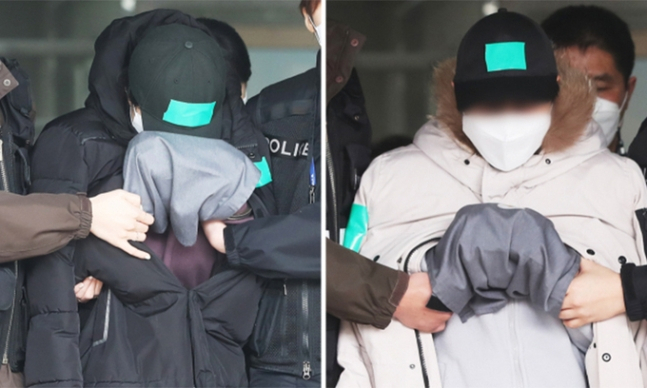 우리나이로 열 살 된 여자아이였던 조카 A양을 욕조에서 ‘물고문’하는 등 학대해 숨지게 한 이모 부부가 지난 3월 10일 오후 경기 용인동부경찰서에서 구속영장 실질심사를 위해 호송되고 있다. [연합]
