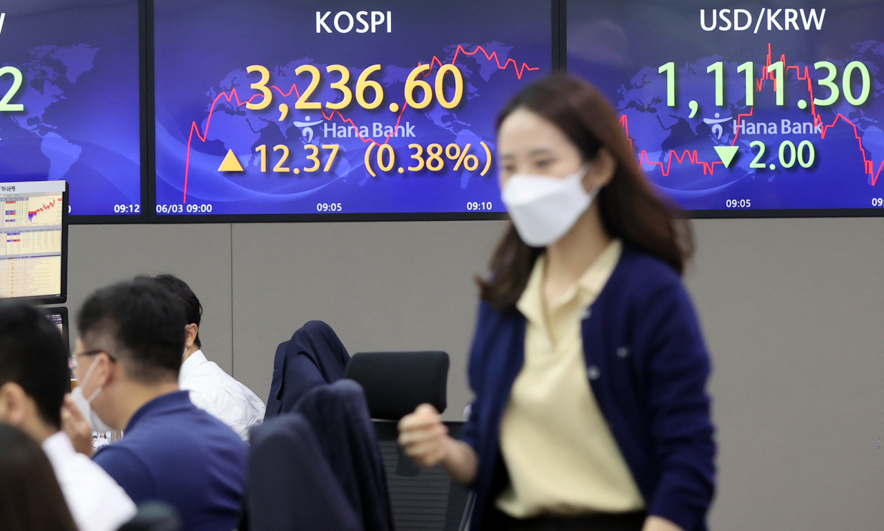 4거래일 연속 상승 마감한 코스피지수가 3일 장 초반에도 상승세를 이어가며 3240대에 올라섰다. 이날 서울 명동 하나은행 본점에서 직원들이 업무에 임하고 있다. [연합]