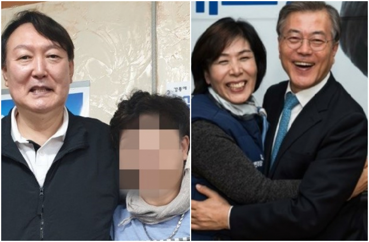 윤석열 전 검찰총장이 음식점 사장과 기념사진을 찍고 있는 모습(왼쪽사진)과 지난 2016년 총선때 최민희 후보를 지지하기 위해 선거 사무소를 찾은 당시 의원 신분이었던 문재인 대통령. [연합·인터넷 캡처]
