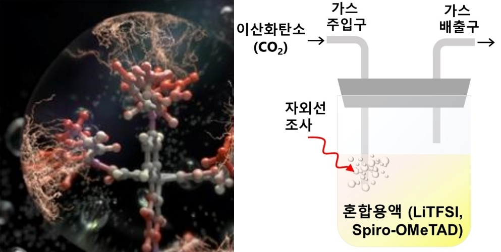 자외선 빛 아래 유기반도체의 전자가 이산화탄소로 넘어가는 과정을 묘사한 일러스트(왼쪽). 이산화탄소 도핑방법 모식도(오른쪽).[GIST 제공]