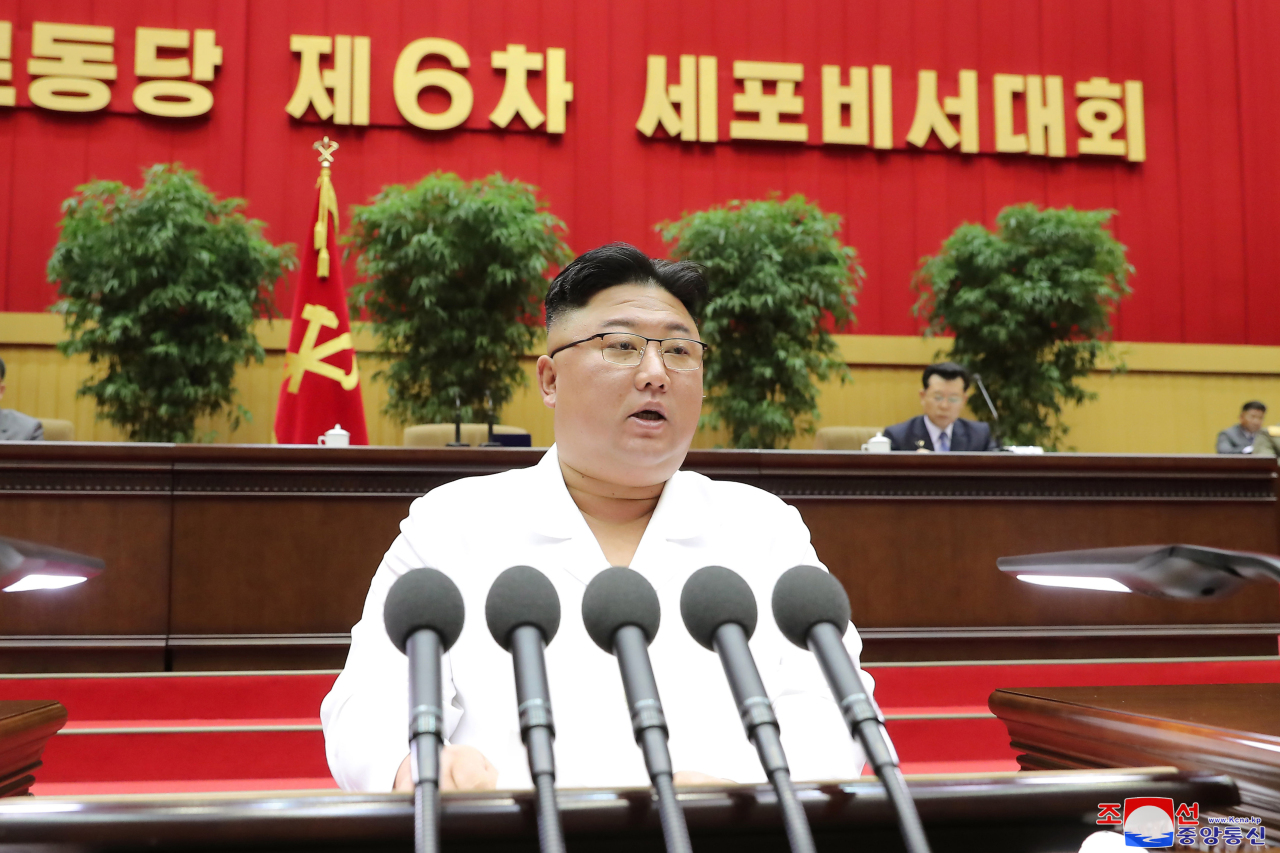 North Korean leader Kim Jong-un speaks during the 6th Conference of Cell Secretaries of the Workers' Party of Korea in Pyongyang in April. (KCNA-Yonhap)