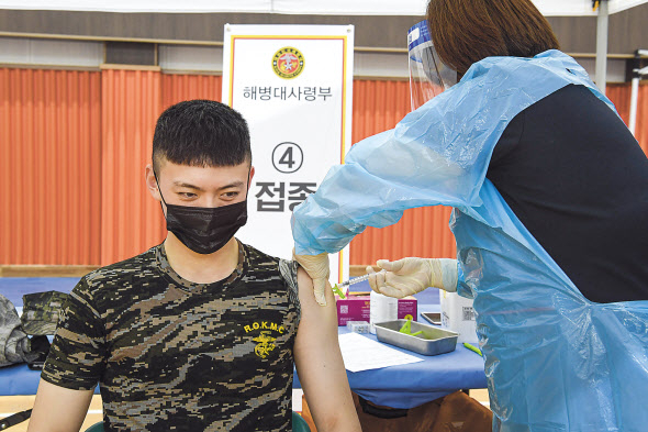 30세 미만 군 장병에 대한 코로나19 백신 접종이 시작된 7일 오전 해병대사령부 승파관에서 한 장병이 화이자 백신 접종을 받고 있다. [국방부 제공]