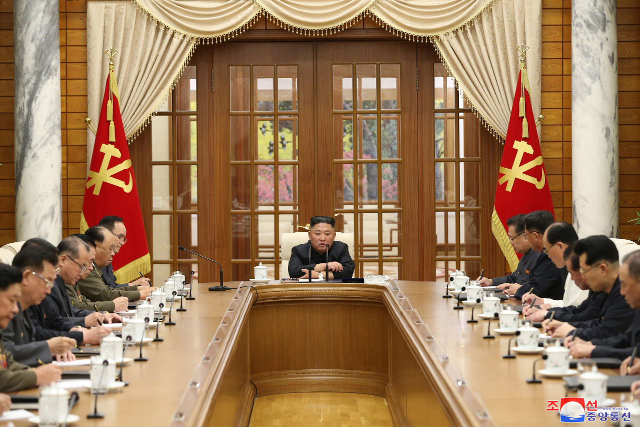 North Korean leader Kim Jong-un presides over a politburo session of the Workers' Party on Friday, according to the Korean Central News Agency's report on Saturday. (KCNA-Yonhap)