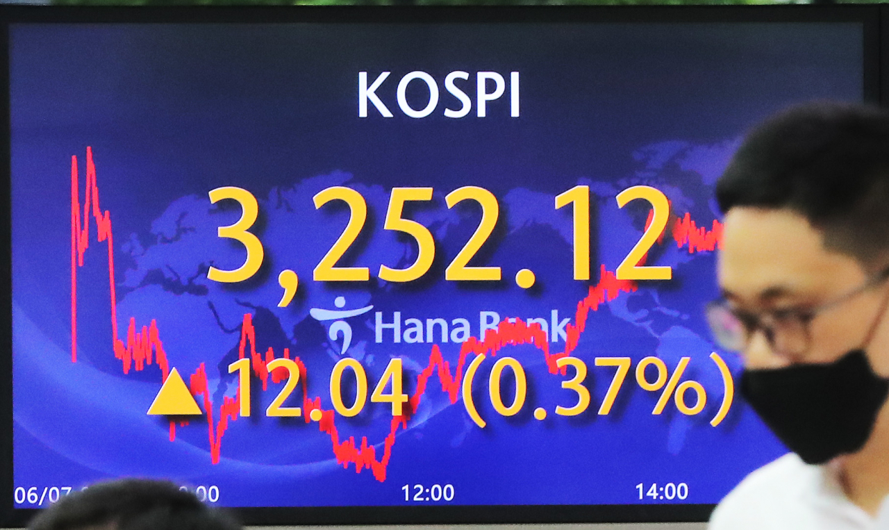 코스피가 7일 사상 최고치로 마감했다. 이날 코스피는 전 거래일보다 12.04포인트 오른 3,252.12에 거래를 마쳤다. 지난 5월 10일에 기록한 종가 기준 사상 최고치 3,249.30을 약 한 달 만에 경신했다. 코스닥지수는 전장보다 1.72포인트(0.17%) 내린 985.86으로 마감했다. 사진은 이날 오후 서울 중구 하나은행 본점 딜링룸. 연합뉴스