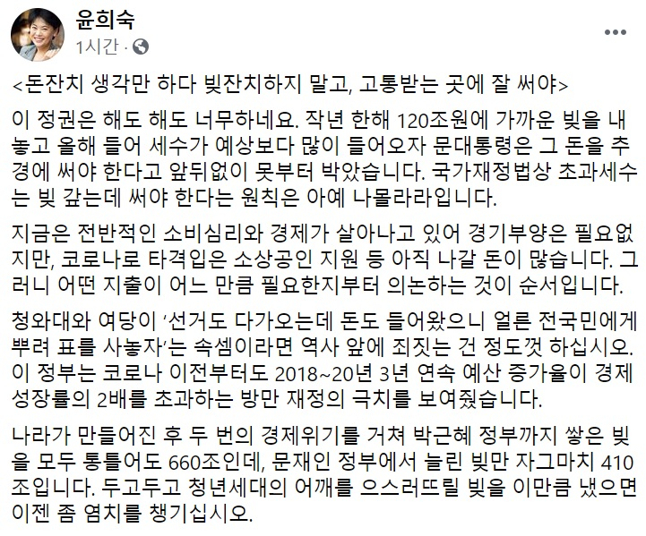 윤희숙 국민의힘 의원 페이스북 일부 캡처.