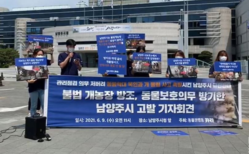 9일 오전 경기도 남양주시청 앞에서 동물단체 '동물권행동 카라'가 기자회견을 열고 "경기도 남양주시 공무원들을 직무유기 혐의로 고발할 것"이라는 입장문을 발표하고 있다.[유튜브 캡처]