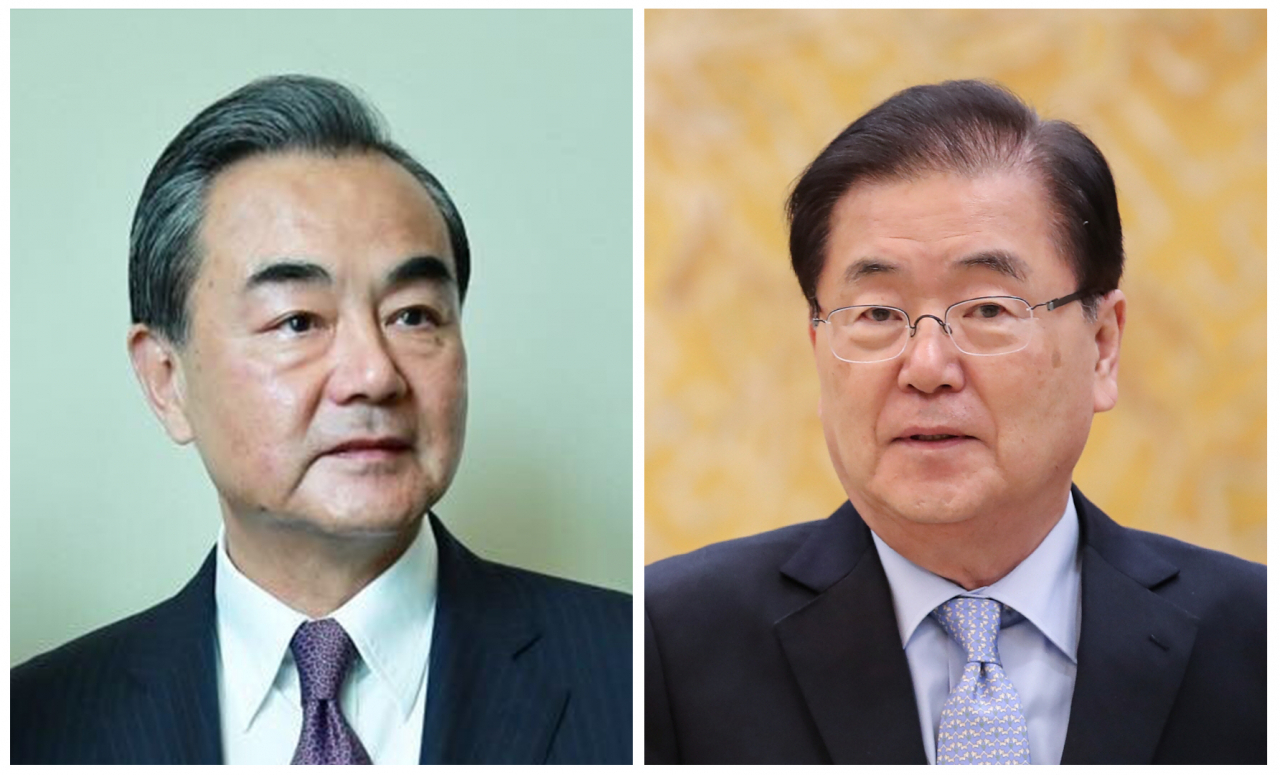 왕이(王毅·왼쪽) 중국 외교 담당 국무위원 겸 외교부장과 정의용 외교부 장관의 모습. [위키백과]