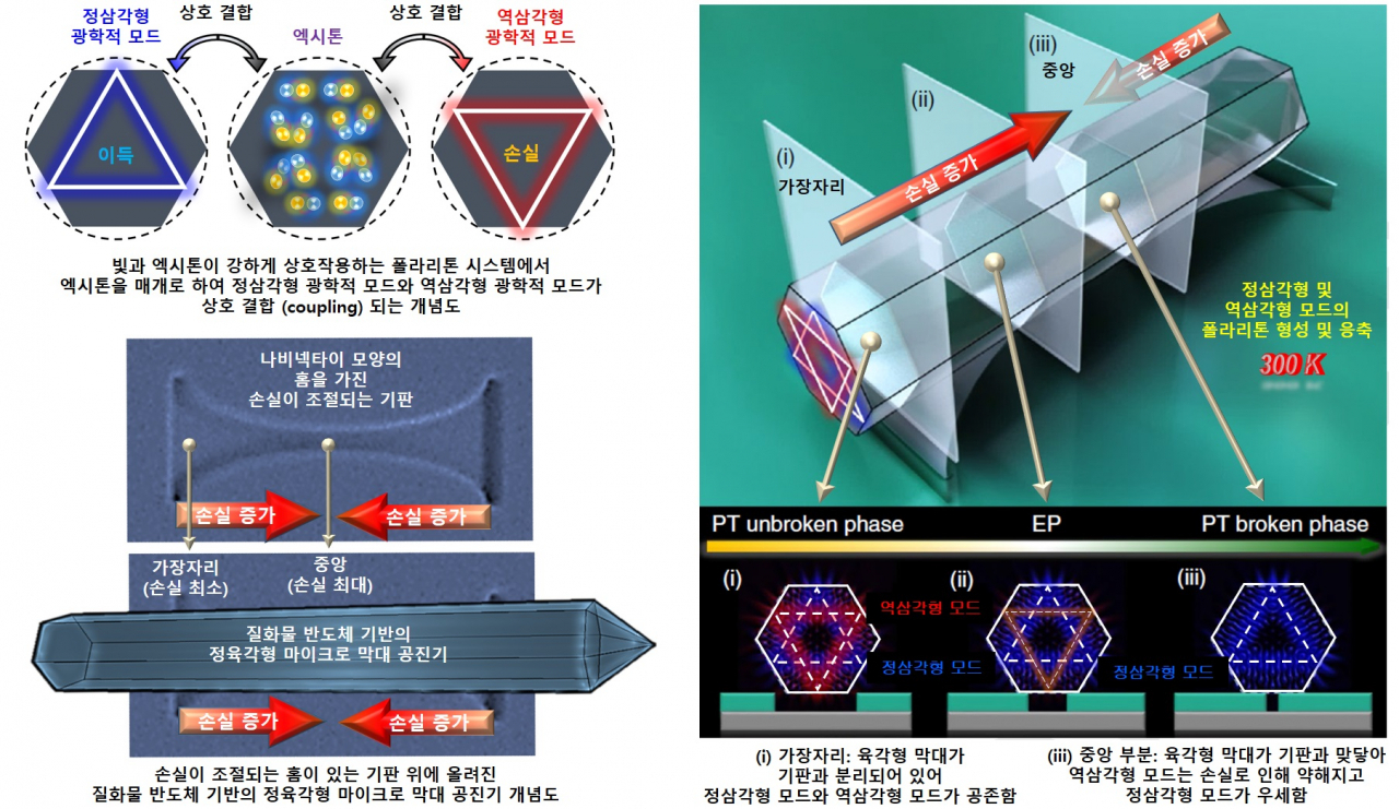 정육각형 마이크로 막대 공진기 구조에서 생성된 상온 폴라리톤 기반의 시공간 대칭 시스템 개념도. [KAIST 제공]