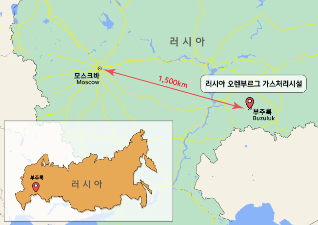 러시아 오렌부르그 가스처리시설 위치도. [현대엔지니어링 제공]