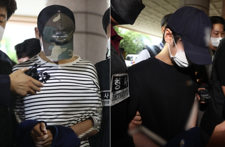 마포구의 한 오피스텔에서 친구 A씨를 감금해 살인한 혐의를 받는 B씨와 C씨가 15일 오전 서울 마포구 서울서부지법에서 열린 구속 전 피의자 심문(영장실질심사)에 출석하고 있다. [연합]