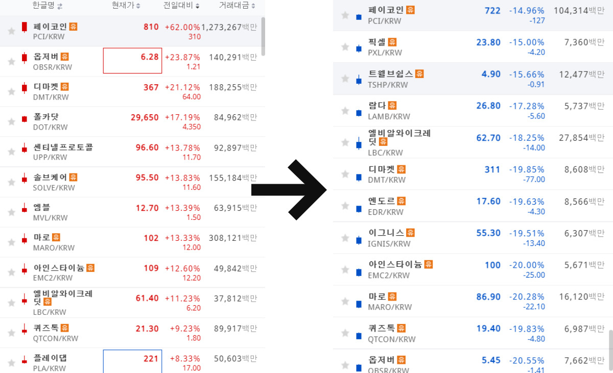 잡코인 하루 만에 상승 TOP10→하락 TOP10…국민청원까지 등장 - 헤럴드경제