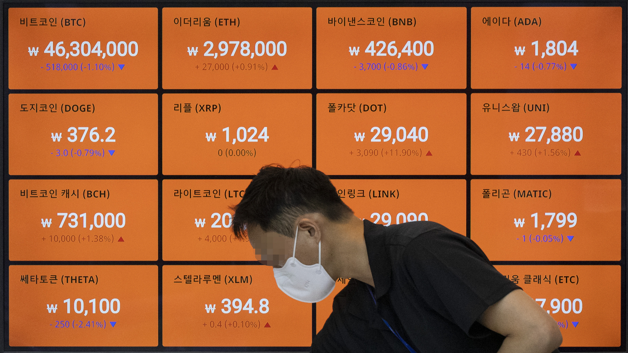 [사진=국내 가상자산 거래소인 빗썸 강남센터에 설치된 스크린에 가상자산 시세들이 띄워져 있다. 연합]