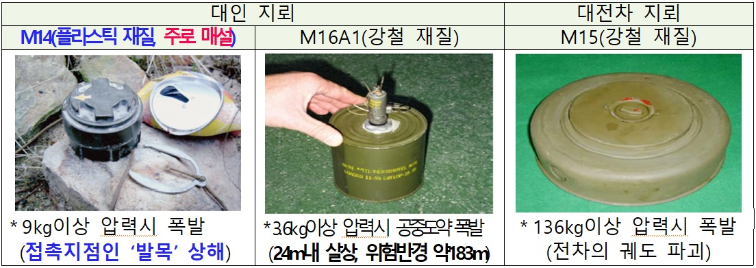 국민권익위원회는 군 지뢰 폭발과 유실, 제거 등에 따른 국민 안전 확보와 재산권 보호를 위해 군 지뢰 민간인 피해방지 및 관리체계 강화 방안을 마련해 국방부 등에 제도 개선을 권고했다고 17일 밝혔다. 지뢰의 종류. [권익위 제공]