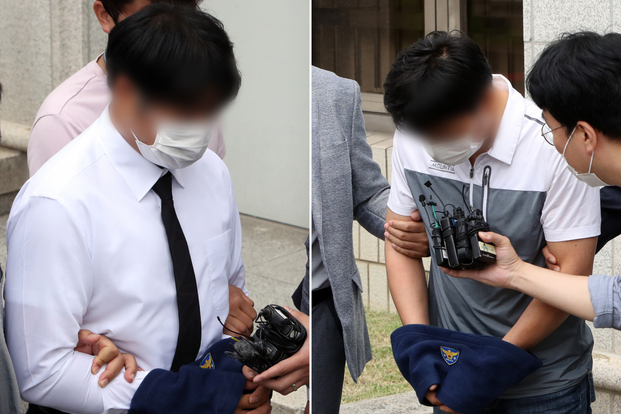 17명의 사상자가 발생한 철거건물 붕괴참사의 현장 공사 관리자(왼쪽 사진·하도급 업체 관계자)와 굴착기 기사(오른쪽 사진·불법 재하도급 업체 대표)가 17일 오전 광주지방법원에서 열린 구속 전 피의자 심문(영장실질심사)을 마친 뒤 경찰 호송차로 향하고 있다. [연합]