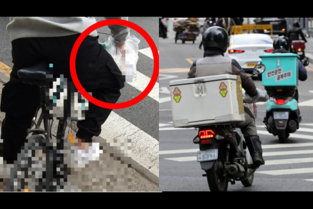 자전거에 배달음식을 걸고 가는 아르바이트형 배달기사(왼쪽), 전문 오토바이 배달기사(오른쪽). [헤럴드경제DB]