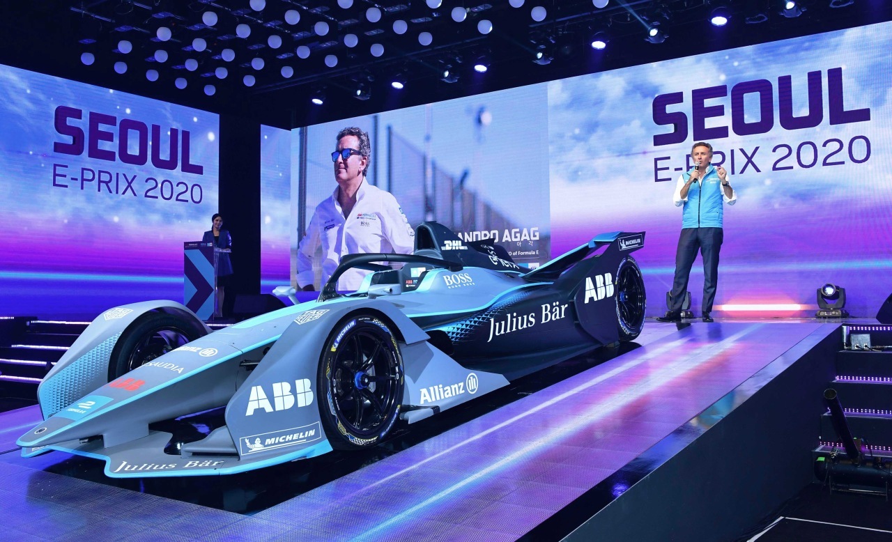 Alejandro Agag, founder and CEO of Formula E, speaks during a press conference for Seoul E-Prix 2020 in Seoul in June 2019. The event was canceled later on due to COVID-19 pandemic but is not rescheduled to be held in August 2022. (Formula E Korea)