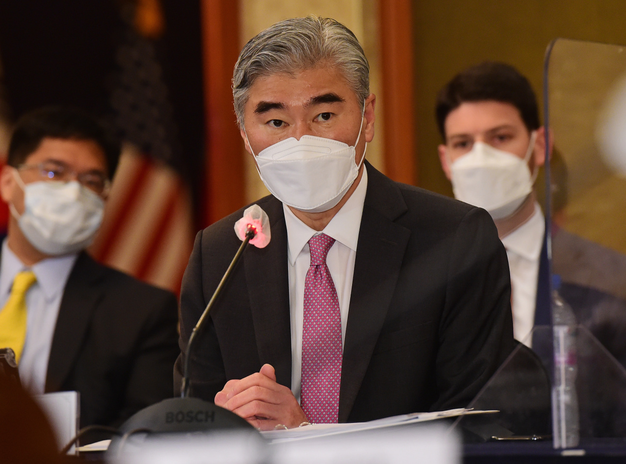 Sung Kim, US special representative for North Korea, speaks during trilateral talks with his South Korean and Japanese counterparts at the Lotte Hotel in central Seoul on Monday. (Yonhap)